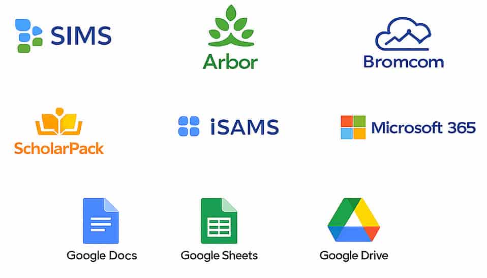 Integrates with SIMS, Arbor, Bromcom, ScholarPack, iSAMS, Microsoft 365, Google Docs, Google Sheets and Google Drive