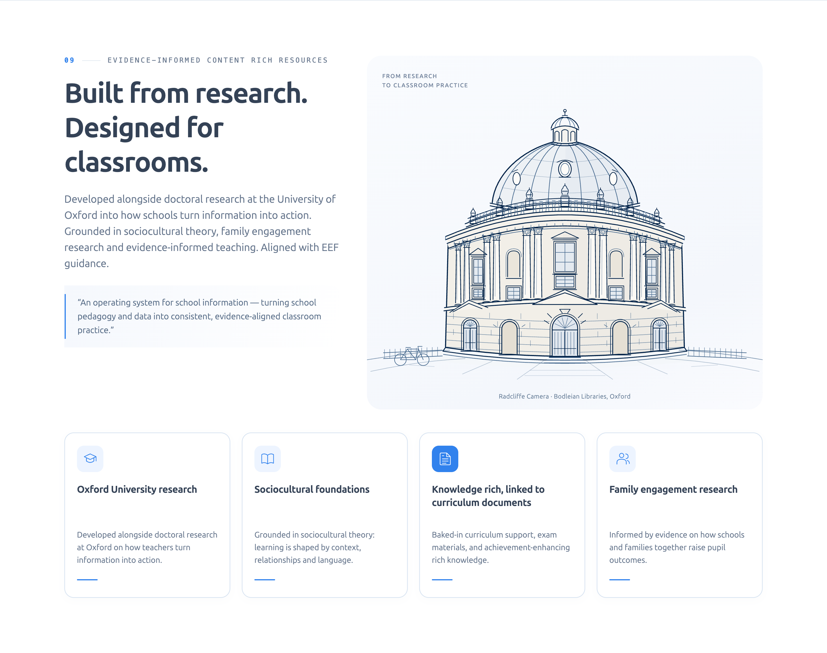 Built from research. Designed for classrooms.. Developed alongside doctoral research at the University of Oxford into how schools turn information into action. Grounded in sociocultural theory, family engagement research and evidence-informed teaching. Aligned with EEF guidance.