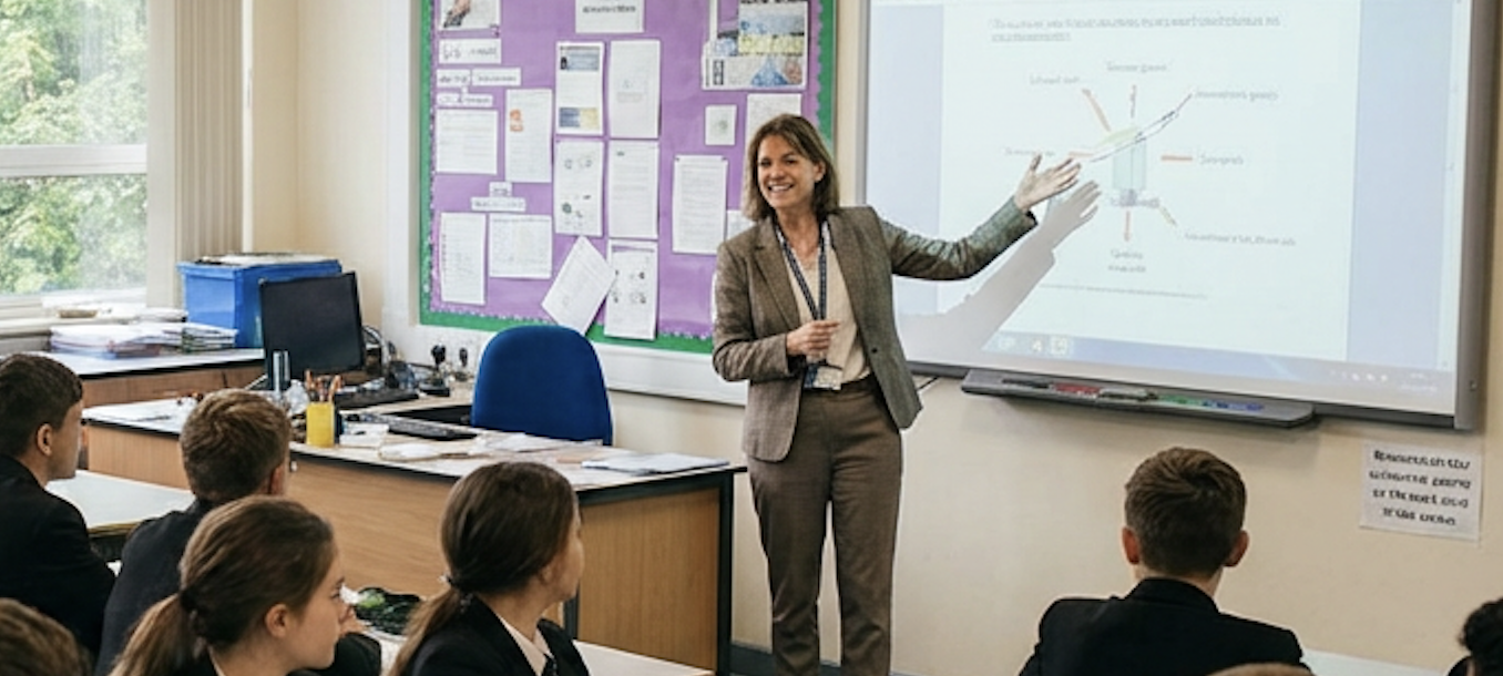 Teacher guiding students in a UK classroom